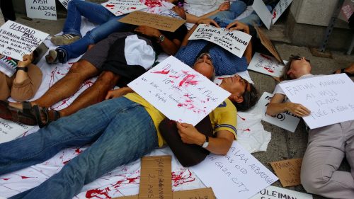 Gaza Die-in in front of Montreal NDP office. Photo by Rana Bose.