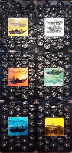 Roberto Godoy, “Puerta del paraiso – Infierno mediterraneo,” 2016 – Photo-engraving on metal and polymer materials, and mounted prints (mixed media)