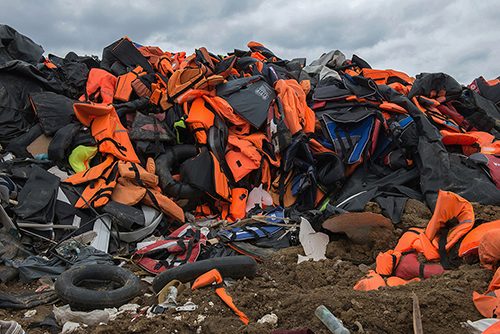 Some of the tens of thousands of lifejackets in the landfill near Molyvos, Lesbos. March 15, 2016