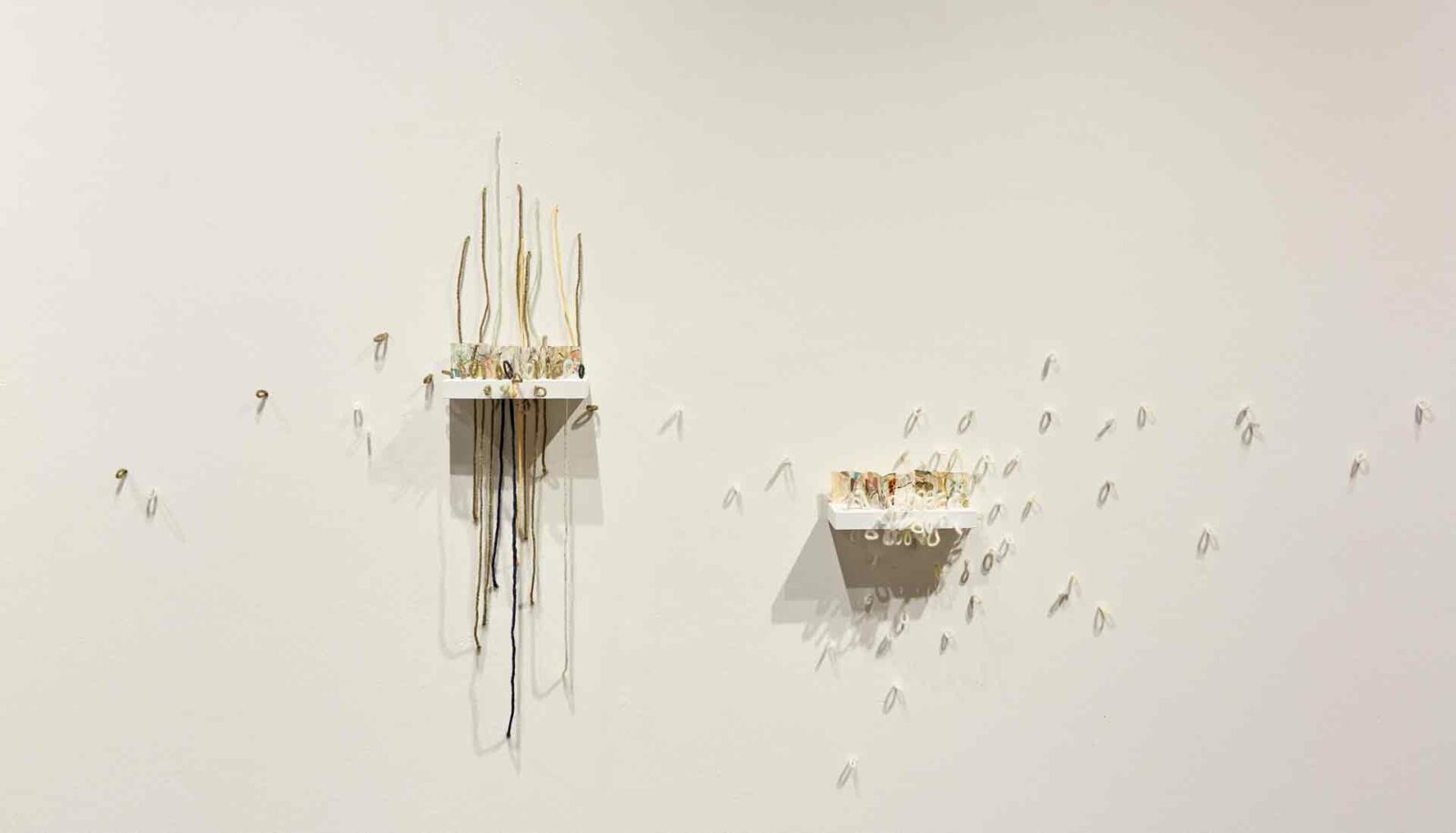 Fleeting memory, artist book, shelves and yarn, wall dimensions variable, shelf size 15 cm x 7 cm, 2023 © Masha Ryskin | Serge Marchetta
